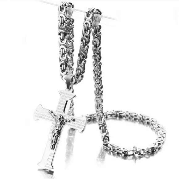 Jesus Crucifix Cross Necklace For Men Silver Color Stainless Steel Byzanine - Picture 3 of 6